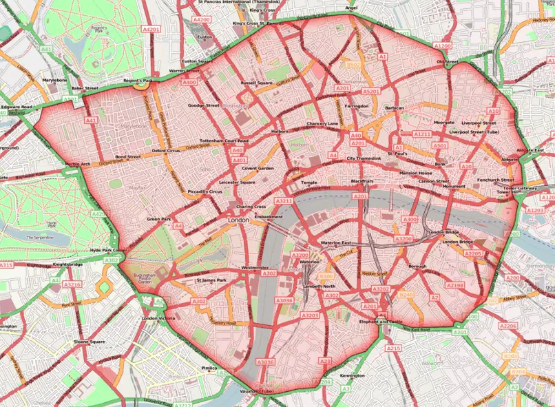 Где действует Congestion Charge?
Зона сбора за пробки охватывает центральную часть Лондона, включая такие районы, как:

Сити
Вестминстер
Челси