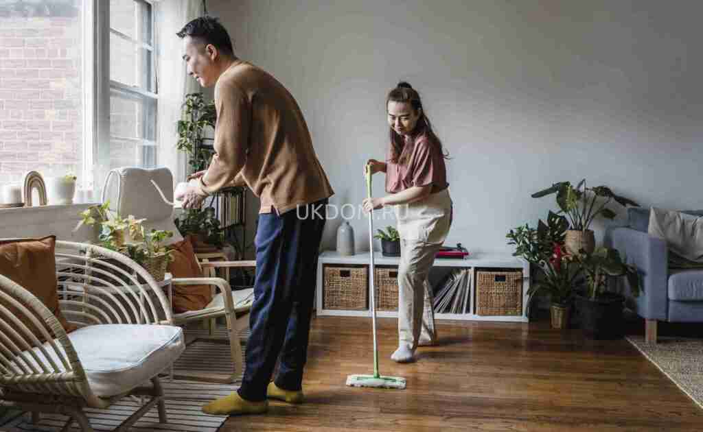 A cheerful couple cleaning their living room together, surrounded by indoor plants and cozy furniture.