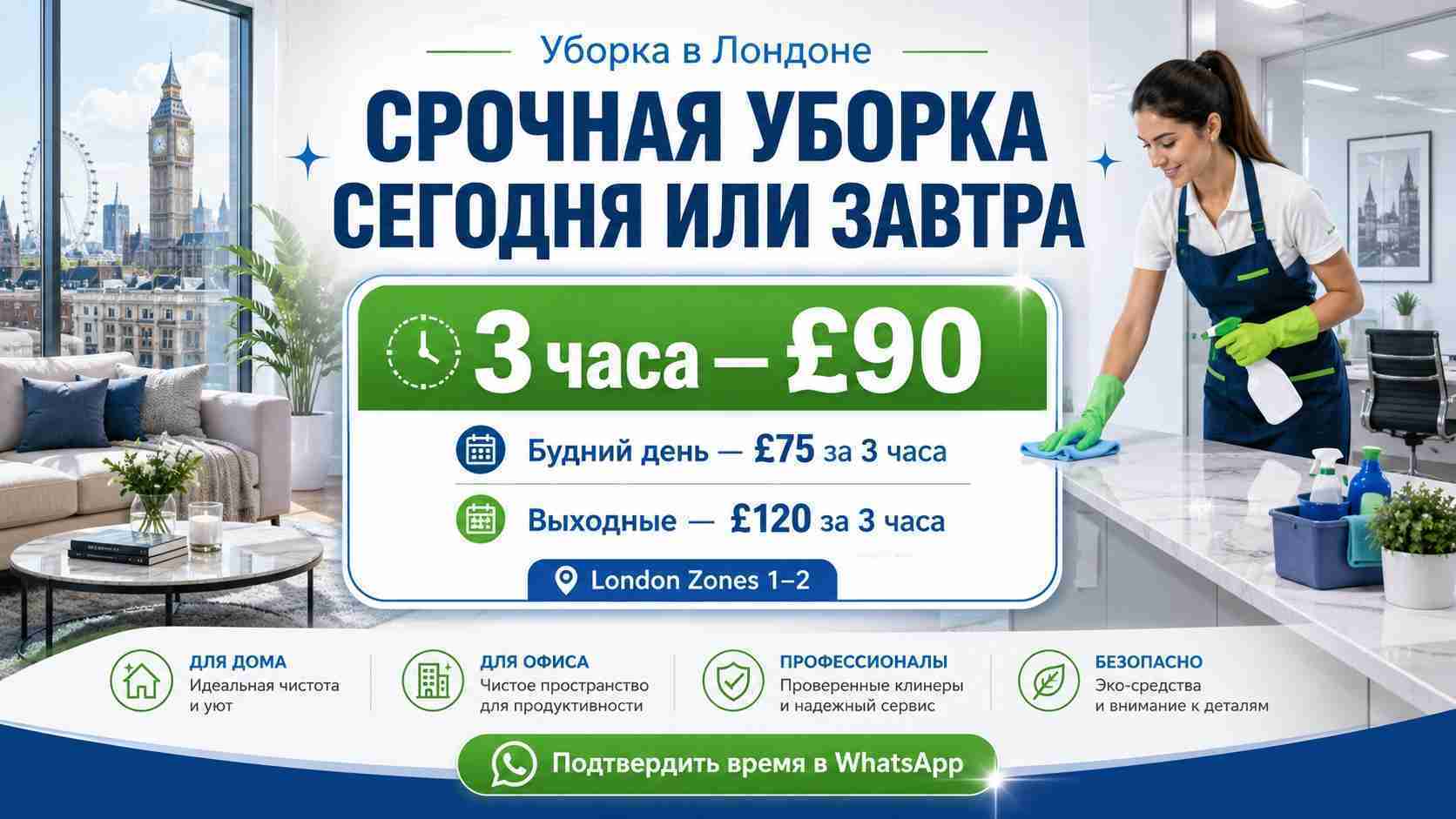 Срочная уборка в Лондоне сегодня или завтра — 3 часа £90, будний день £75, выходные £120 за 3 часа, зоны 1–2