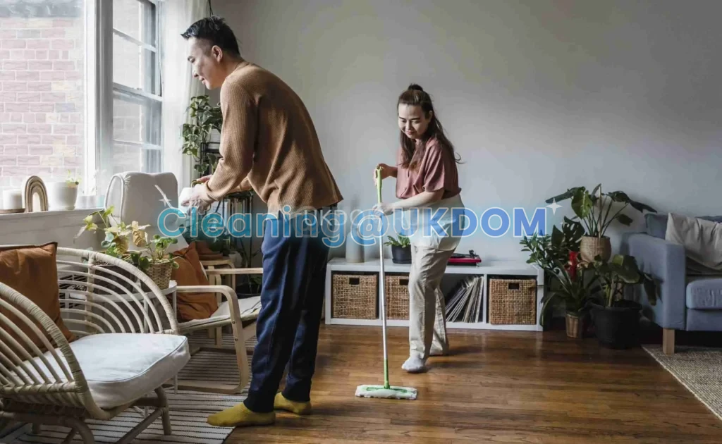Two UKDOM cleaners, English- and Russian-speaking, cleaning a flat in Central London